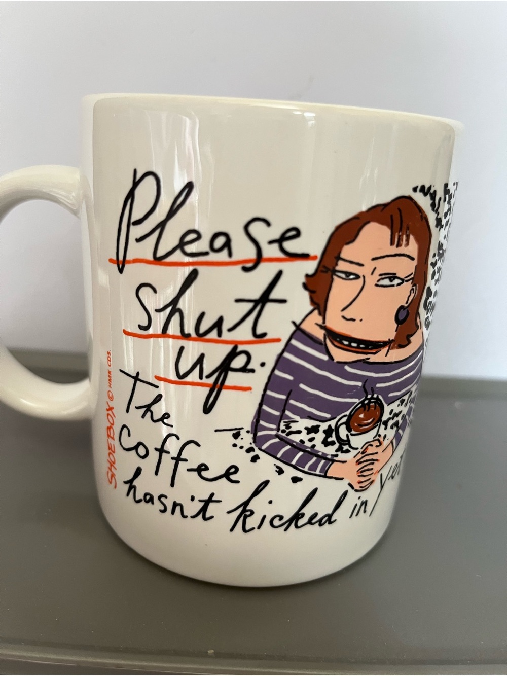 Please Shut Up Ceramic Mug — White with Purple Stripe Illustration